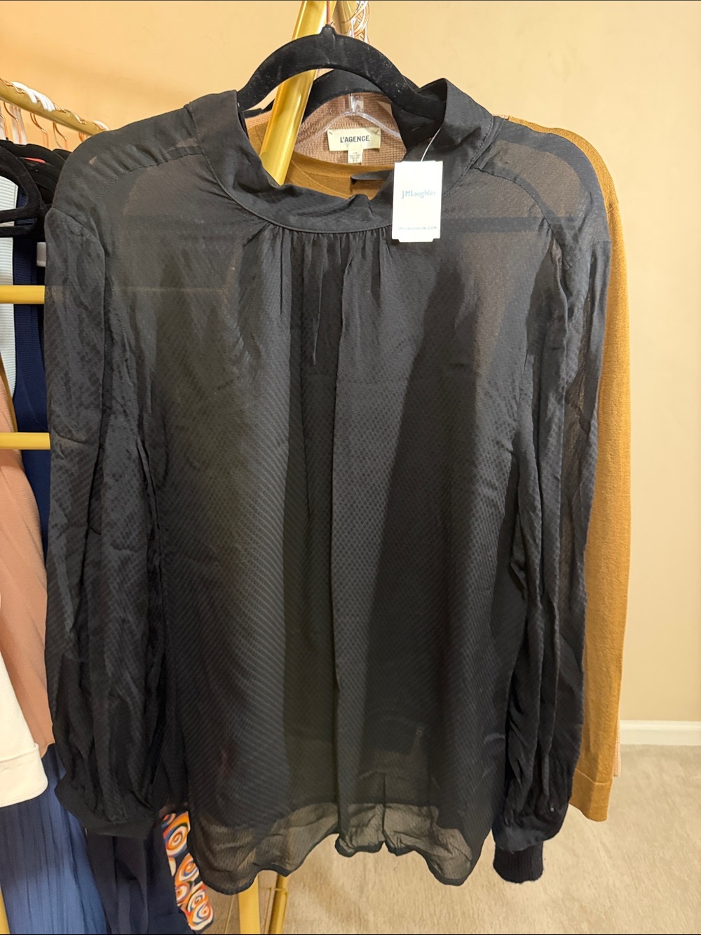J. McLaughlin Black Semi-Sheer Textured Long-Sleeve Blouse